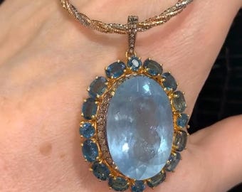 London Blue Topaz Pendant, Aquamarine Silver Pendant, Cocktail Jewelry, Birthday Gift, Pave Diamond Pendant, 925 Sterling Silver Pendant