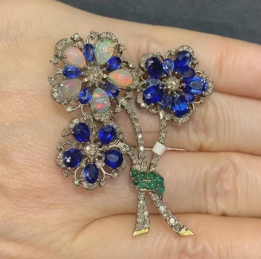 Broche Vintage Fleur De Pavot émaillée - Strass Bleus Et Filigrane Argenté