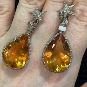 Natural Citrine Earring, Pave Diamond Earring, Citrine Drop Dangle Earring, Handmade Designer Gemstone Earring, 925 Sterling Silver Jewelry
