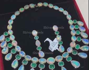 Opal Emerald Jewelry, Handmade 925 Silver Pave Diamond Necklace Earrings, Designer Birthday Gift