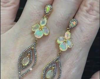 Natural Fire Opal Dangle Earrings, 925 Sterling Silver, Pave Diamond Jewelry