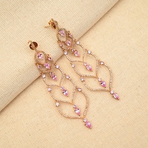 Pink Sapphire Gemstone Earrings With Pave Diamonds in 925 Sterling Silver, Dangle Drop Earrings, September birthstone Jewelry Gift For Her
