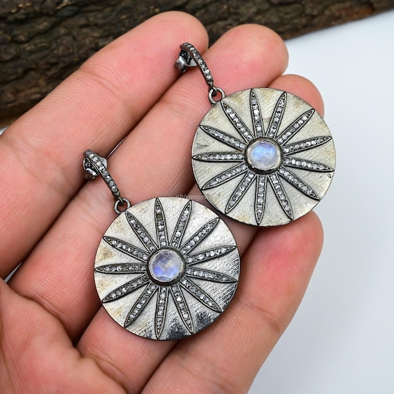 Orecchini pendenti Art Déco con pietra di luna arcobaleno, pavé di diamanti, argento sterling - Italia