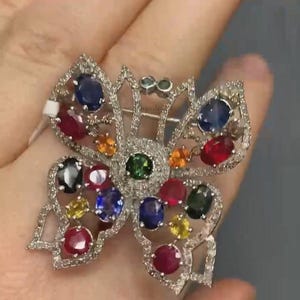 Natural Ruby & Sapphire Gemstone Butterfly Brooch Pendant, Pave Diamond Tourmaline Brooch, 925 Sterling Silver Brooch Pin, Gift For Her