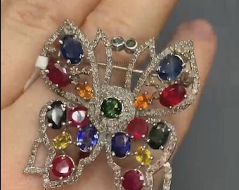 Bague Argent Massif 925 - Modèle Papillon Avec Saphirs & émeraude Noire - Taille 57