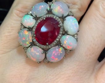 Ruby Opal Statement Ring, Pave Diamond, 925 Sterling Silver, Art Deco