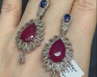 Hangoorbellen robijn en saffier, diamant effenen, sterlingzilver art deco