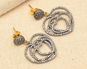 Sterling Silver Art Deco Heart Dangle Earrings, Pave Diamond Luxury Statement Earrings