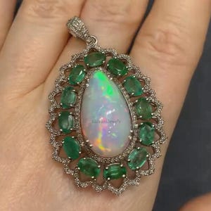 Natural Ethiopian Fire opal & Emerald Gemstone Pendant, 925 Sterling Silver Pendant, Pave Diamond Pendant, Wedding Anniversary Gift For Her