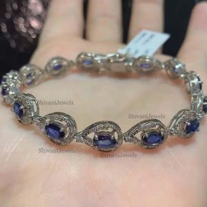 Natural Blue Sapphire Bracelet Jewelry, Pave Diamond Bracelet, Sapphire 925 Sterling Silver Jewelry, Wedding And Anniversary Gifts Jewelry