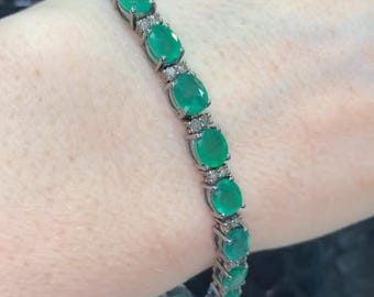 Emerald Tennis Bracelet, Pave Diamond, 925 Sterling Silver, Art Deco Jewelry