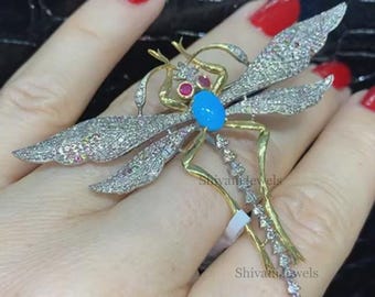Spilla vintage a forma di libellula in argento sterling (925) con corpo in marsacite e strass colorati - Italia