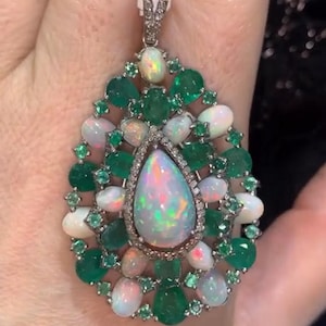 Faceted Emerald Gemstone Pendant, Pave Diamond Opal Pendant, 925 Sterling Silver Fine Jewelry, Ethiopian Opal Diamond Pendant, Gift For Her