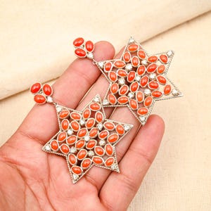 beautiful Italian coral gemstone earring, 925 sterling silver earring, pave diamond earrings, valentine day gift , dangle drop earrings