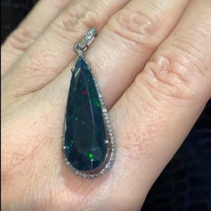 Natural Black Opal Pendant, Teardrop Opal Gemstone Pendant, Pave Diamond Pendant, 925 Sterling Silver Opal Pendant, Anniversary Gift Jewelry
