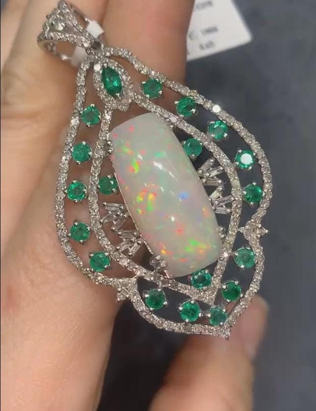 Natural Ethiopian Opal & Emerald Gemstone Pendant, 925 Sterling Silver, Pave Diamond Pendant Jewelry, Wedding / Anniversary Gift For Her