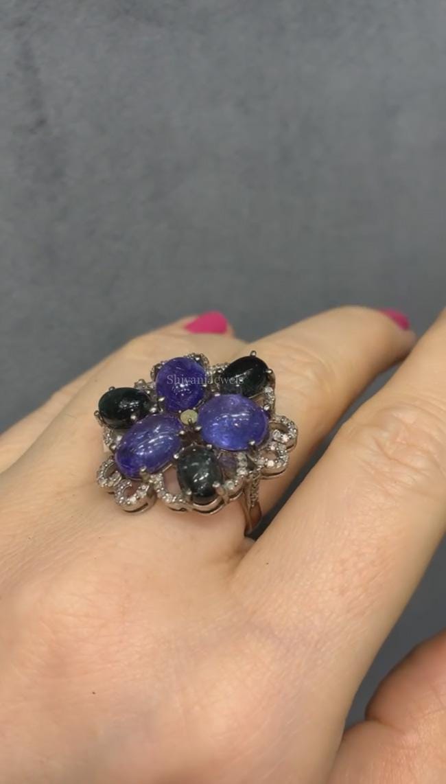 天然ブルータンザナイト＆トルマリン宝石リング、925スターリング