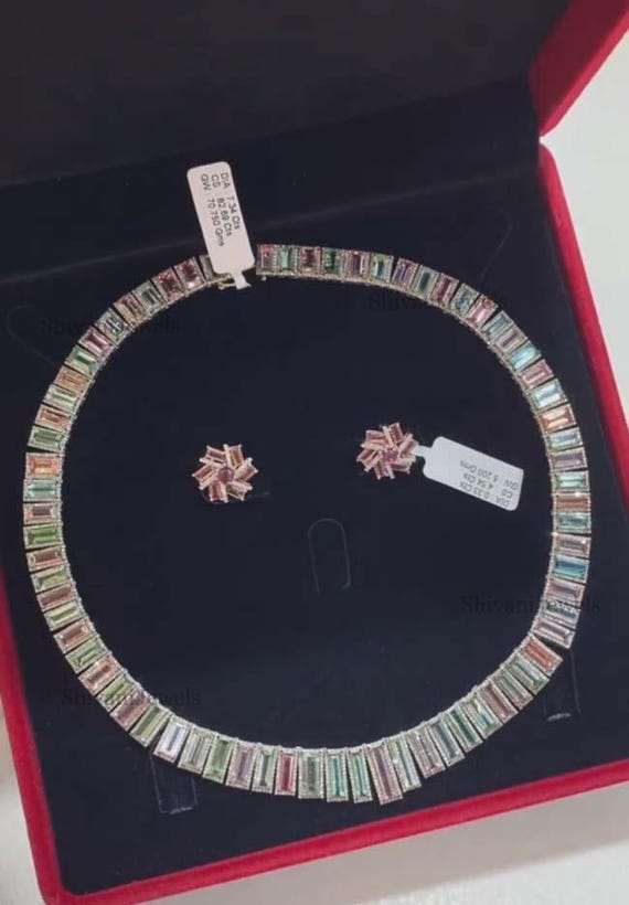 Natural Multi Tourmaline Necklace with Pave Diamond Tourmaline Earrings in 925 Sterling Silver Jewelry