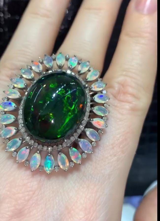 ブラックオパールダイヤモンドリング、925スターリングシルバー