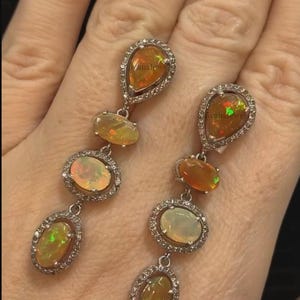 Natürliche Feueropal Edelstein Ohrringe, 925 Sterling Silber Opal Baumeln Ohrringe, Pave Diamant Schmuck, Hochzeitstag Geschenk für Sie