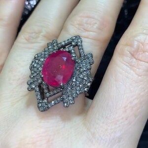 925 Sterling Silver Natural Ruby Ring, Pave Diamond Ring, Handmade Designer Ring, Ruby Gemstone Ring, Diamond Ruby Ring, Gift For Her