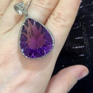 Natural Amethyst Gemstone Pendant, Pave Diamond Amethyst Pendant, 925 Sterling Silver Fine Jewelry Teardrop Amethyst Pendant, Fine Jewelry
