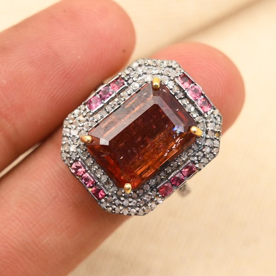 Exquisite Tourmaline Ring in 925 Sterling Silver With Pave Diamond
