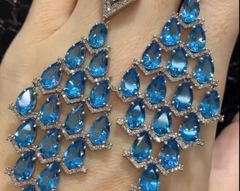 Swiss Blue Topaz Earrings, Pave Diamond, Sterling Silver, Handmade