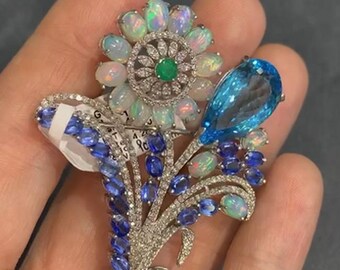 天然ブルートパーズブローチピン、カイヤナイト宝石パヴェダイヤモンド