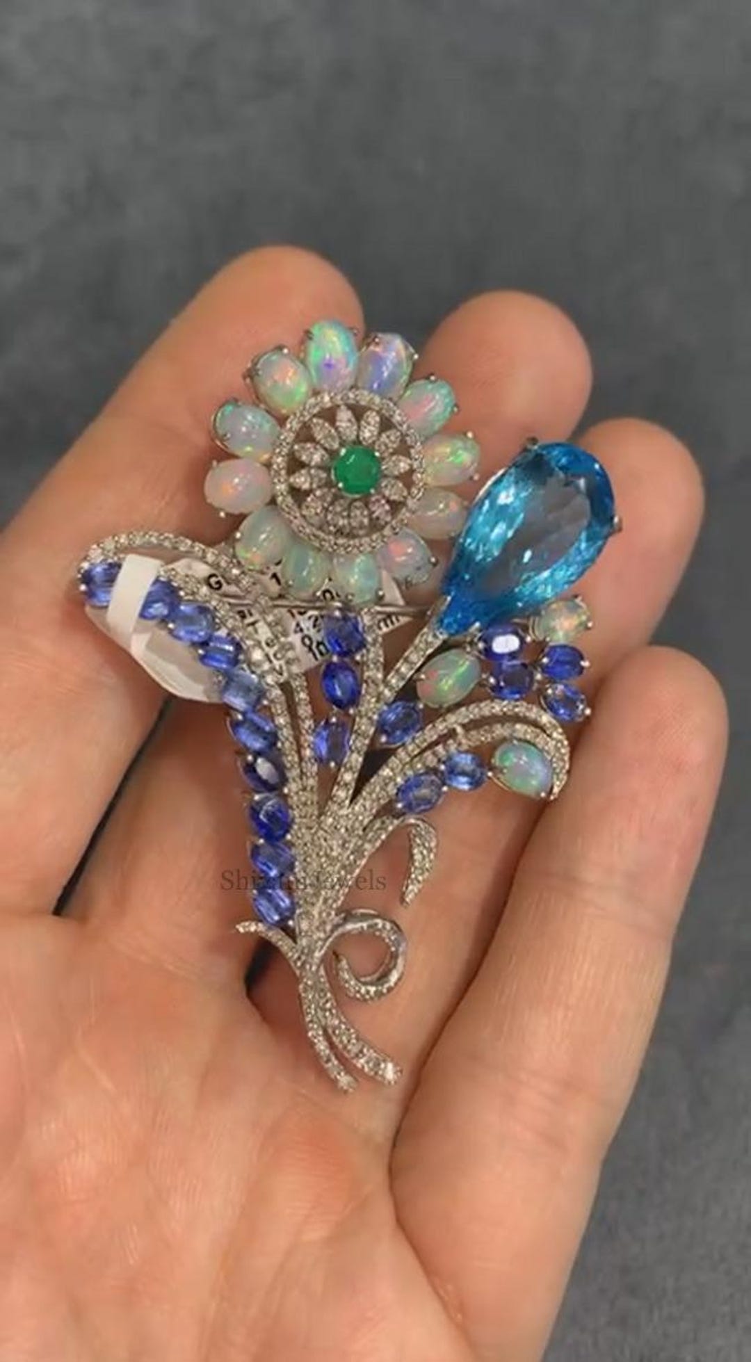 Blue Topaz Sterling Silver Brooch, Kyanite, Opal, Emerald, Diamond