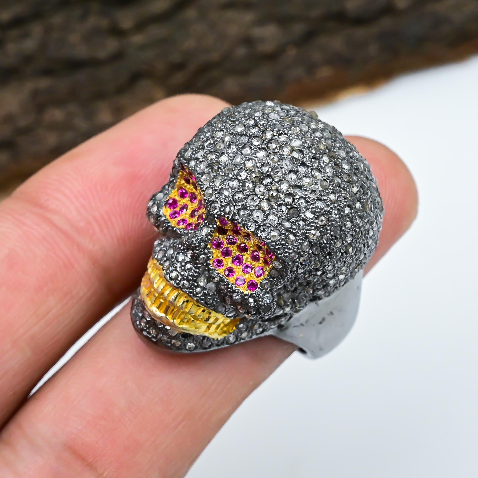 Diamond Pave Skull Ring, Ruby Eyes, Sterling Silver Halloween 