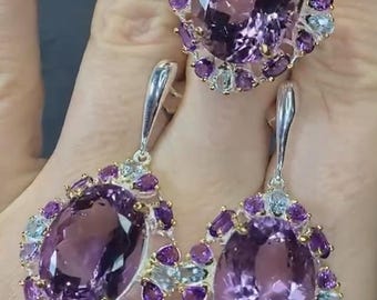 Handmade Amethyst Topaz Jewelry Set, Sterling Silver Art Deco Ring Earrings