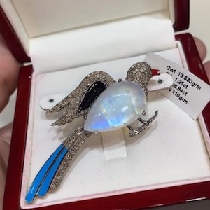Unique Natural Moonstone Pave Diamond Brooch Pendant, Bird Shape Diamond Brooch Pin, 925 Sterling Silver Brooch, Diamond Brooch Pin Jewelry