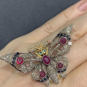 Natural Ruby & Sapphire Gemstone Butterfly Brooch Pendant, Pave Diamond Brooch Pin, 925 Sterling Silver Brooch Pin, Partywear Diamond Brooch