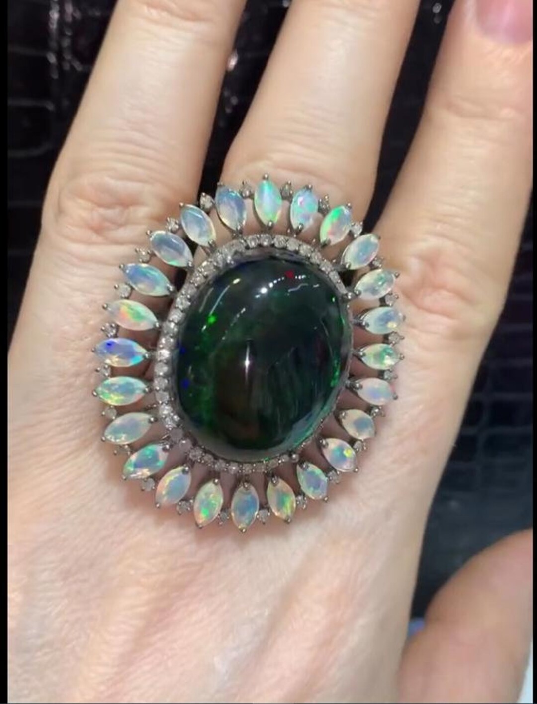 ブラックオパールダイヤモンドリング、925スターリングシルバー