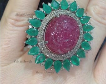 Ruby Emerald Sterling Silver Ring, Pave Diamond Art Deco Jewelry