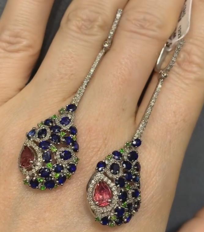 Pendiente de turmalina natural, pendiente de diamante pavé, pendiente de plata de ley 925, pendiente de piedra preciosa de cromo y cianita, joyería de regalo de boda