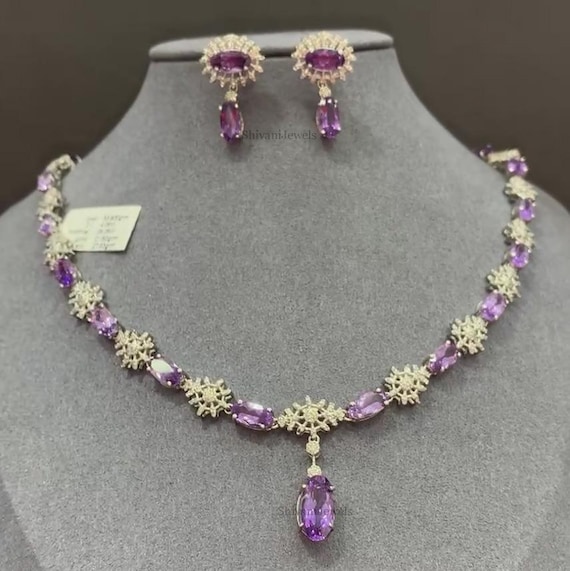 Designer Natural Amethyst Necklace Earring Set with Pave Diamond in 925 Sterling Silver Jewelry