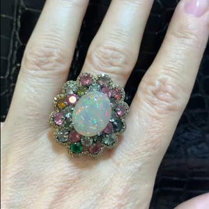 Natural Opal & Multi Tourmaline Ring, 925 Sterling Silver, Pave Diamond Cocktail Ring, Handmade Women  Fashion Jewelry, Anniversary Gift