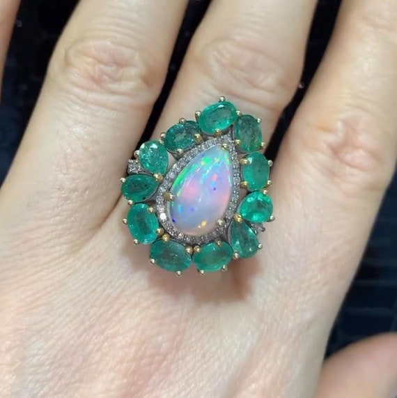 エメラルドオパール 925 スターリングシルバーリング、ダイヤモンド 