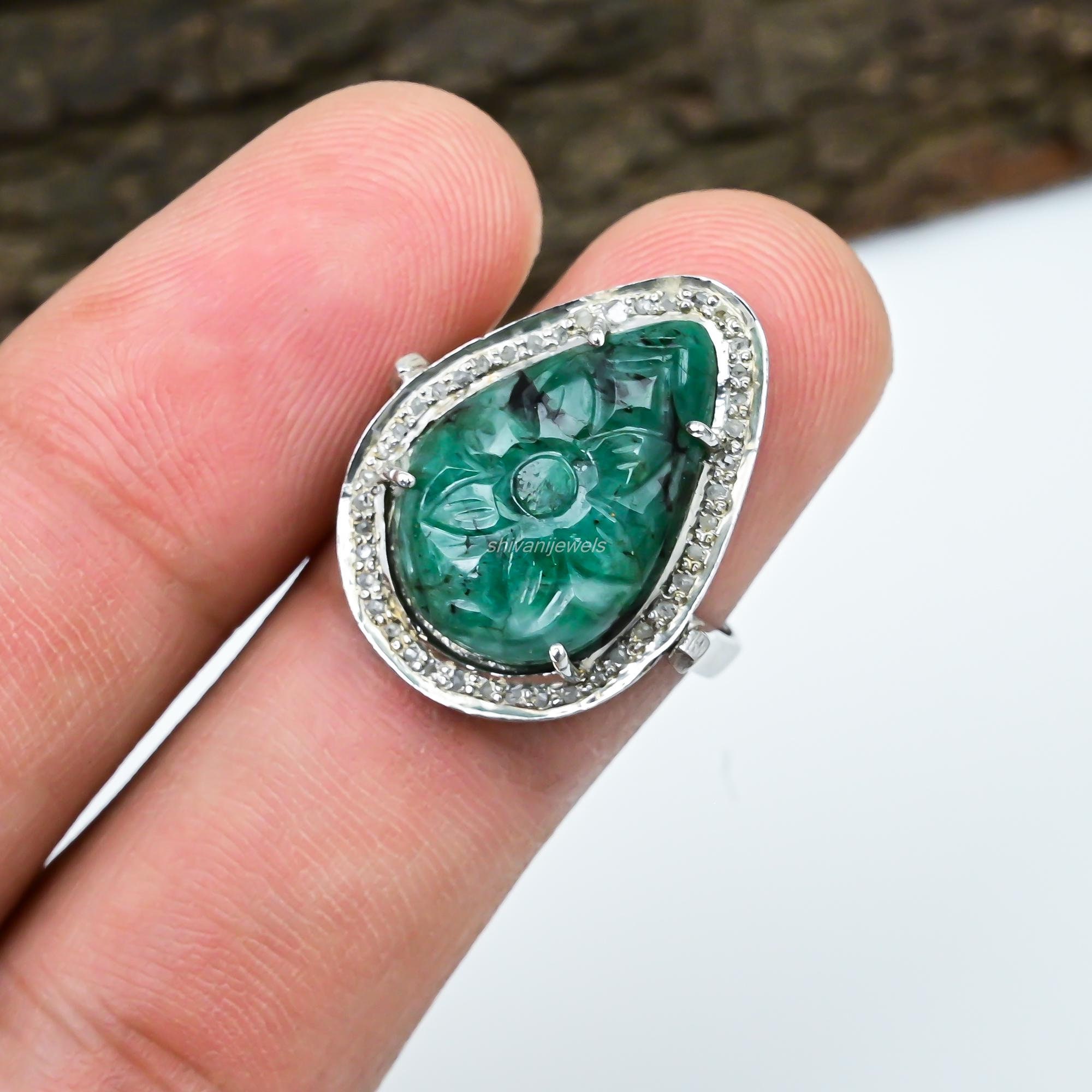 エメラルド彫刻リング、フローラル925スターリングシルバー、パヴェ 