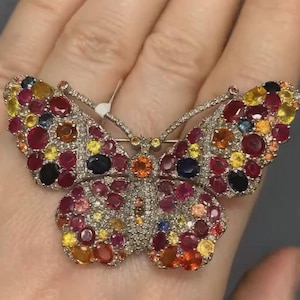 Natural Ruby & Sapphire Gemstone Butterfly Brooch Pendant, Pave Diamond Brooch Pin, 925 Sterling Silver Brooch Pin, Partywear Diamond Brooch