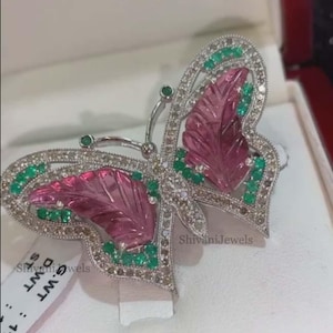 Natural Gemstone Brooch Pin, Pave Diamond Brooch Pin Jewelry, 925 Sterling Silver Brooch, Emerald & Tourmaline Brooch Jewelry For Women&#39;s
