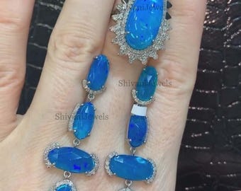 Blue Opal 925 Sterling Silver Jewelry Set, Art Deco Earrings Ring