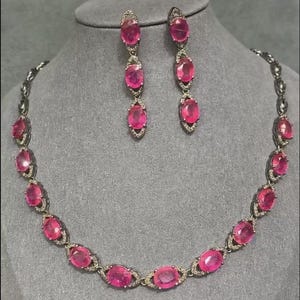 Natural Pink Ruby Gemstone Jewelry Set, Pave Diamond Necklace Earring Set, 925 Sterling Silver Jewelry Set, Birthday Gift For Women&#39;s