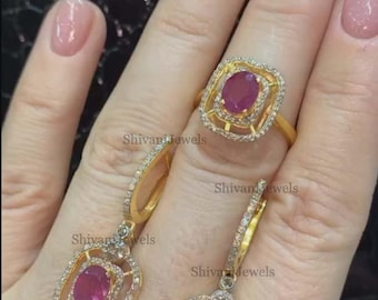 Natural Ruby Pave Diamond Jewelry Set, Art Deco Sterling Silver Ring & Earrings