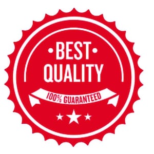 May include: Red and white circular seal with a jagged edge. The seal says "BEST QUALITY" in white text and "100% GUARANTEED" in a white banner. Three white stars are below the banner.