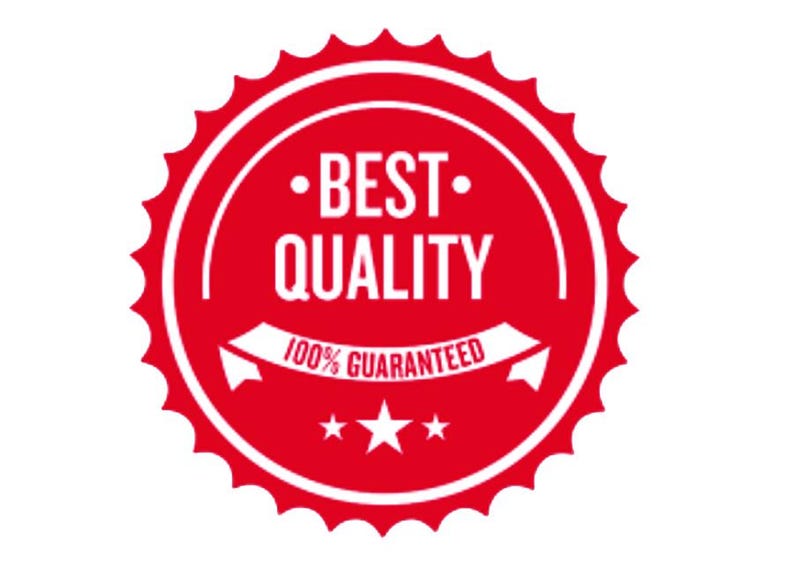 May include: Red and white circular seal with a jagged edge. The seal says "BEST QUALITY" in white text and "100% GUARANTEED" in a white banner. Three white stars are below the banner.