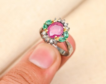 Victorian Ruby & Emerald Ring, Pave Diamond, Sterling Silver