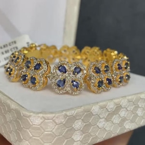 Beautiful Natural Blue Sapphires Gemstone Bracelet, Pave Diamond Bracelet, 925 Sterling Silver Bracelet, Wedding Bracelet, Gift For Women&#39;s